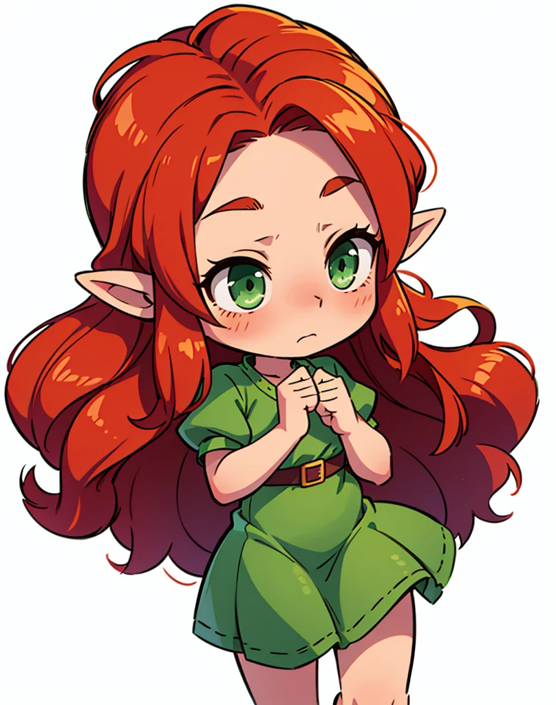 a elf female, long auburn red hair, green eyes, slightly blushing cheeks, wearing a green dress, sad