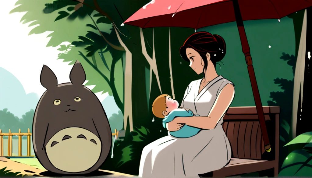 Ghibli Studio Dash Design, Tonari no Totoro scene, Wet day, A well-dressed Asian woman holds her hair up with a red umbrella、Sitting facing each other on a stool with a baby on their lap。, Detailed face