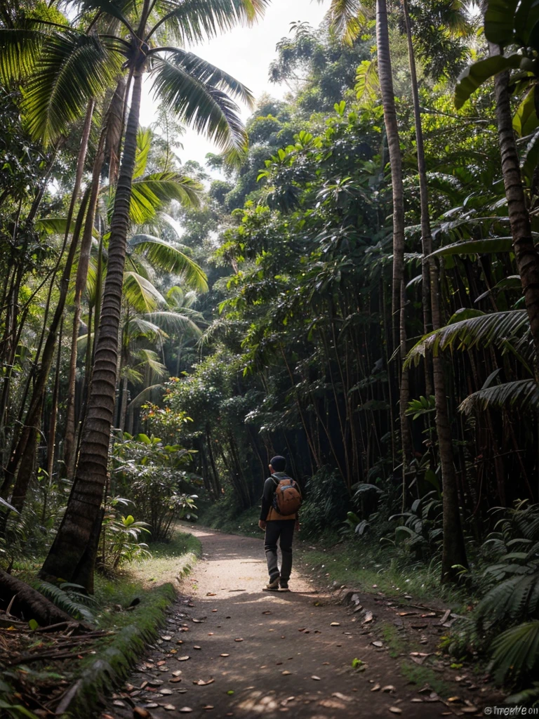 Jalan sempit di tengah hutan yang lebat. Pemandangan khas alam Indonesia. Detail dan natural. Efek lukisan realis