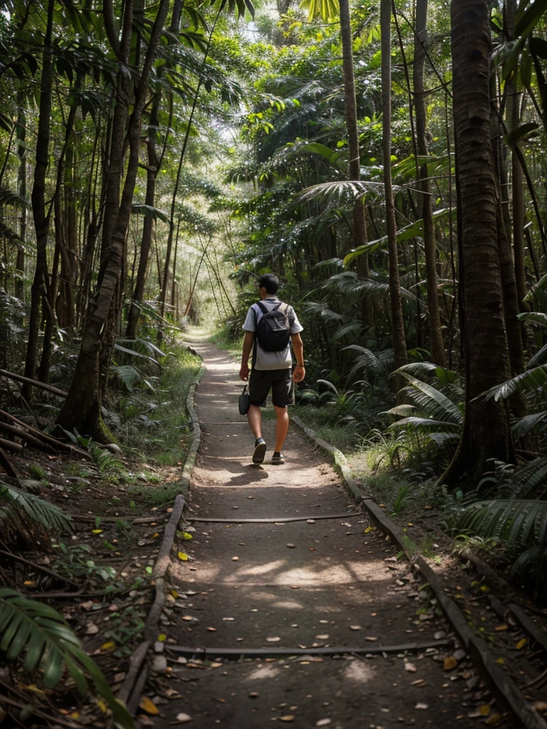 Jalan sempit di tengah hutan yang lebat. Pemandangan khas alam Indonesia. Detail dan natural. Efek lukisan realis