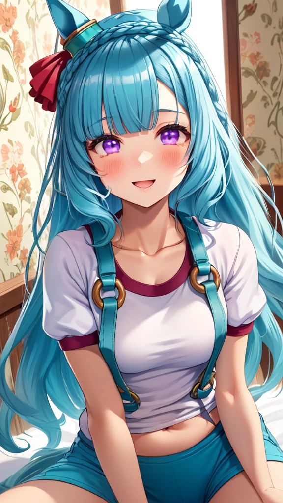 {{{NSFW}}},(masterpiece:1.2),(ultra quality:1.2),(ultra detailed:1.2),(ultra-high resolution:1.2),(very fine 8K CG wallpaper:1.2),Mejiro Ardan\(umamusume\),{1 girl,beautiful girl,cute,smile,kawaii, lovely,blushing,playful expression},sharp focus,oily skin,beautiful detailed hair,glossy hair,(wear gym uniform:1.5),(lying on the bed:1.2),wear buruma,perfect two legs,(spread two legs:1.2),,five fingers,(large breaths),beautiful detailed eyes,jewel like eyes,violet eyes, (two hands behind head:1.1),open mouth,armpits, solo,beautiful navel,  looking at viewer,collarbone,earring