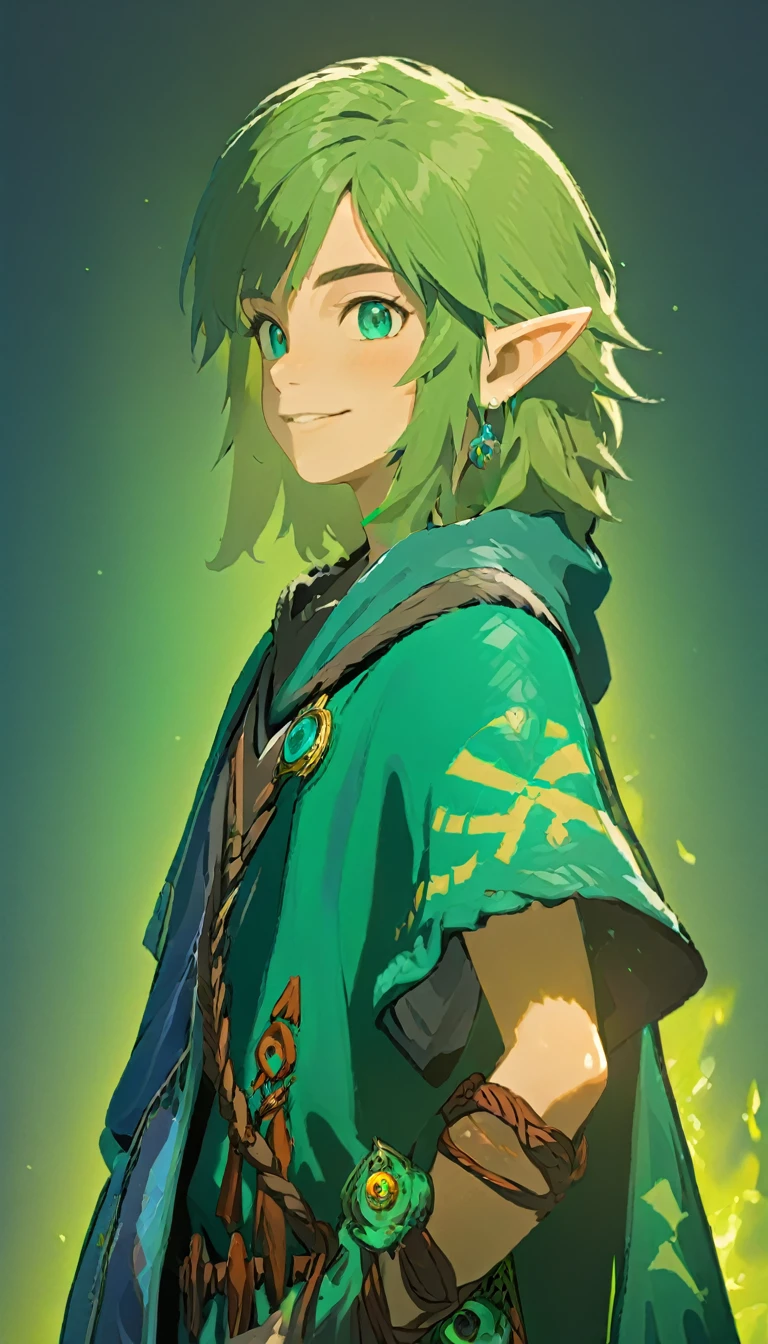 a  boy smiling with crossed arms, wearing a sorcerer's cloak, green background, looking straight ahead, detailed face, high quality, digital art, fantasy, dramatic lighting, cinematic composition