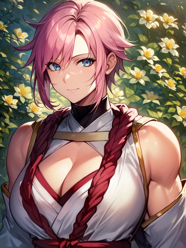 ((spiked hair)), ((tomboy)), ((muscular)), ((short hair)), ((light pink hair)), ((light blue eyes)), ((cheerful expression)), (shinobi clothing)), ((light skin)), ((flowers)), ((complementary colors)), ((mature female)), 1girl, beautifully drawn, high resolution illustration, best quality, High definition, ((detailed anime sketch)), Masterpiece, (solo), absurdres, portrait, ((upper body)), detailed background, fine detail, female focus, HDR,