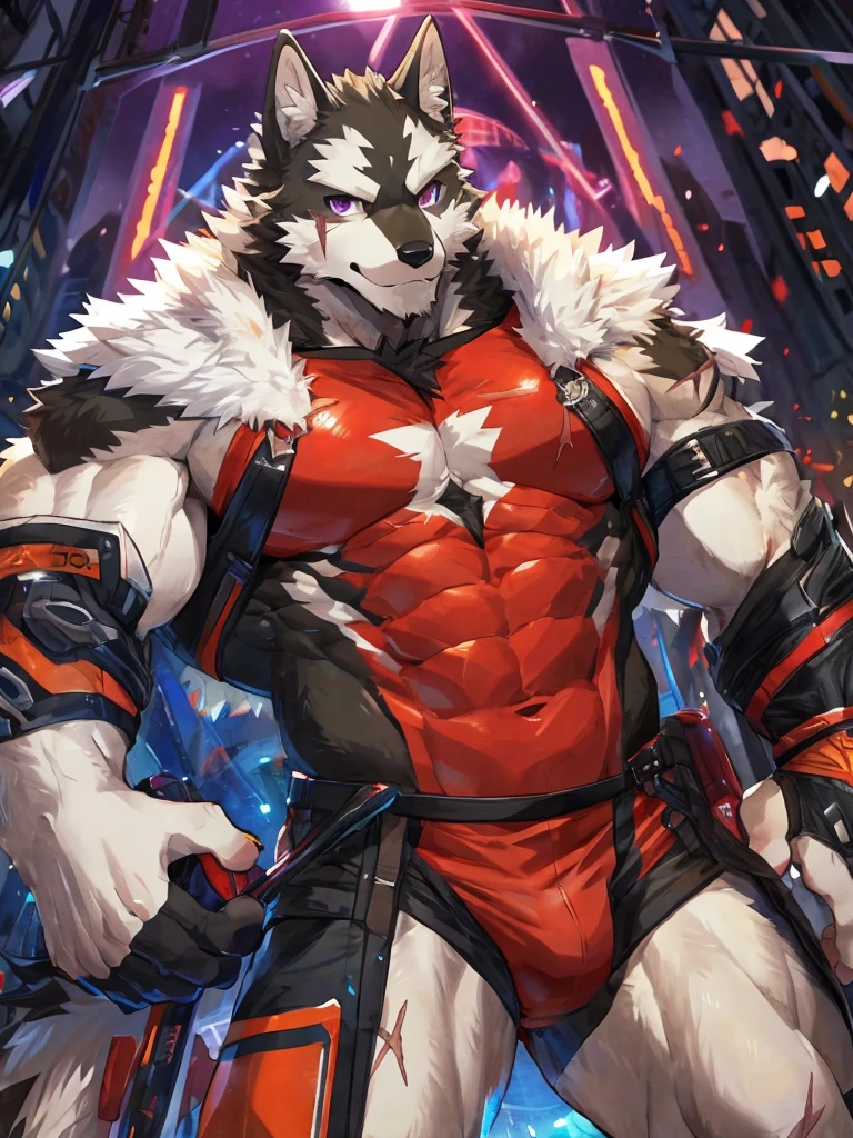 embedding:black wolf, male,purple eyes,Scar on the face, scar on the body,Single Person,A swimsuit,Mature, The highest quality of scene detail,adult,Tall and powerful,muscle,Best quality hands, best quality eye,detailed fur,Delicate eyes.Extreme picture quality,by sollyz,by zixiong,by milkytiger1145