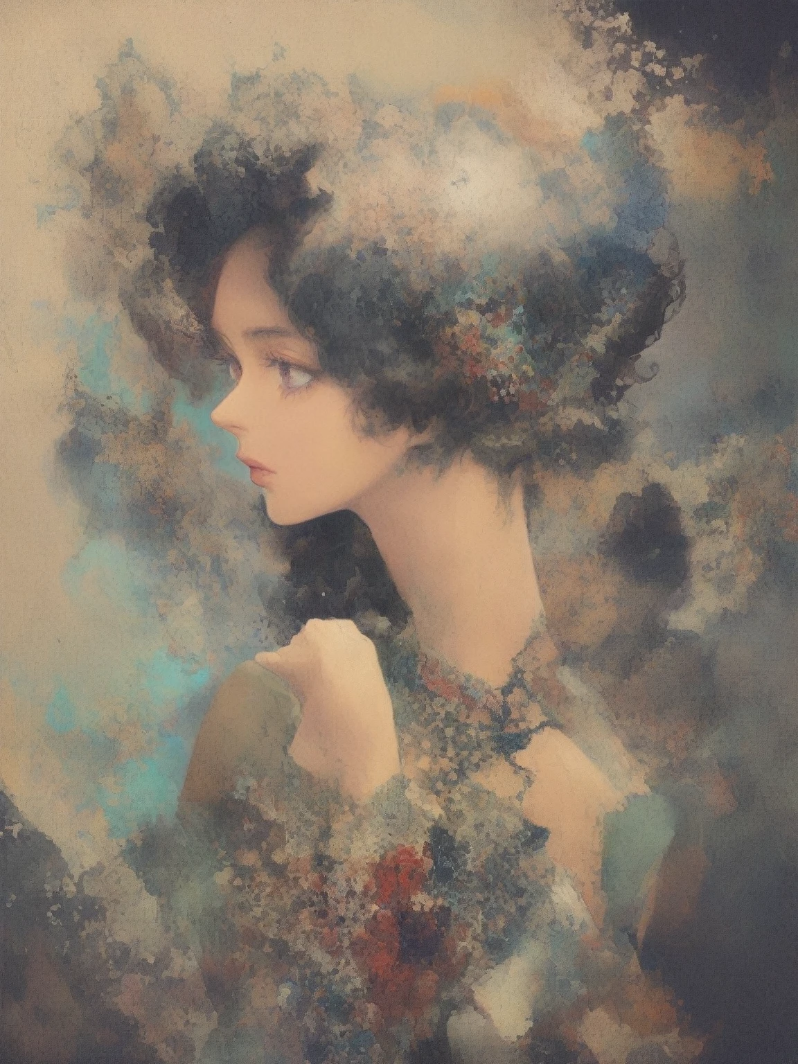 Create a potrait dramatic contemporary digital art from a collage mixed with elements of retro, surrealism, and vintage aesthetics, centering on a intricate details full body of beautiful woman with dramatic blank stare with a pose that is not stiff, details hand