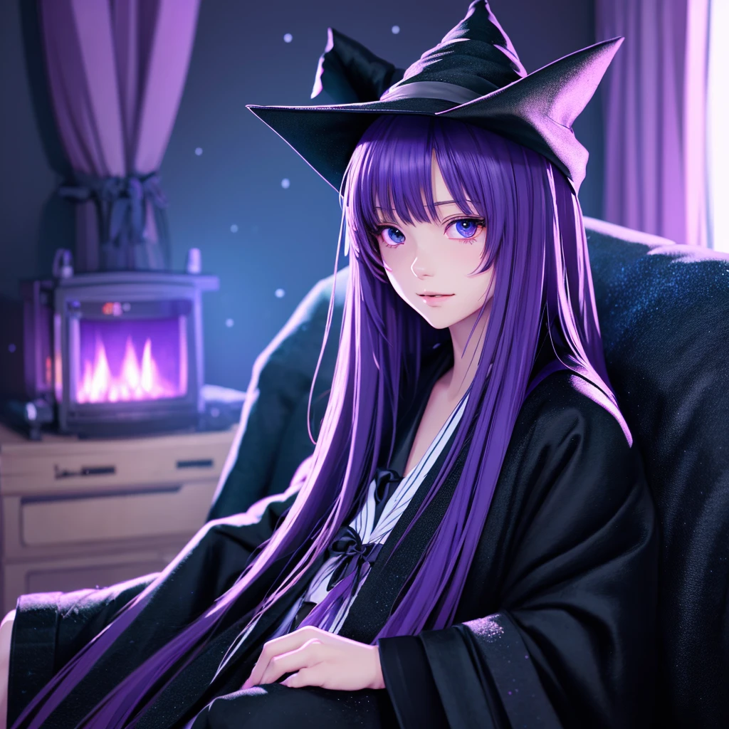 anime girl long purple hair wearing a black Robe. she has pointy ears. Witch Hat. Manga kawaii. iridescent ,An illustration, Sit on the sofa, (no background)