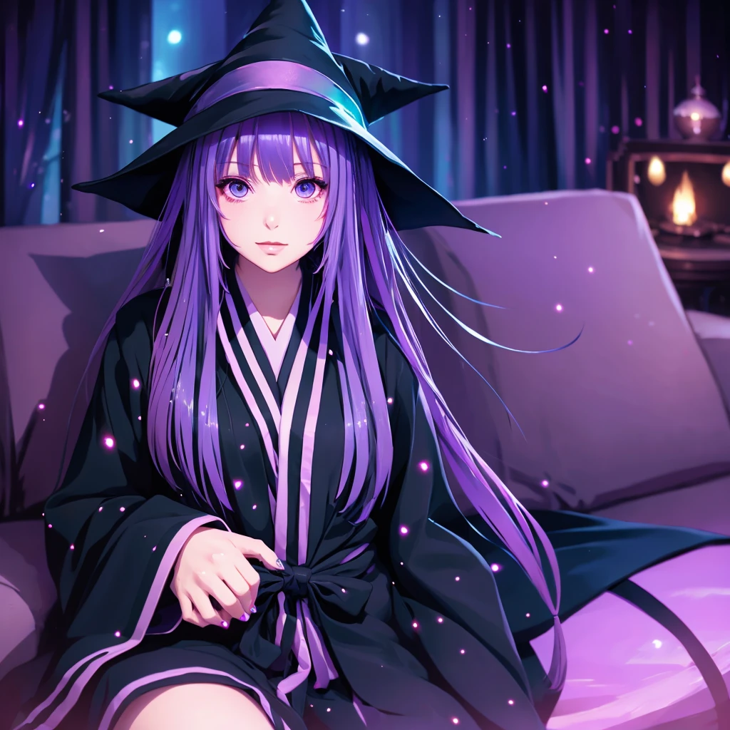 anime girl long purple hair wearing a black Robe. she has pointy ears. Witch Hat. Manga kawaii. iridescent ,An illustration, Sit on the sofa, (no background)
