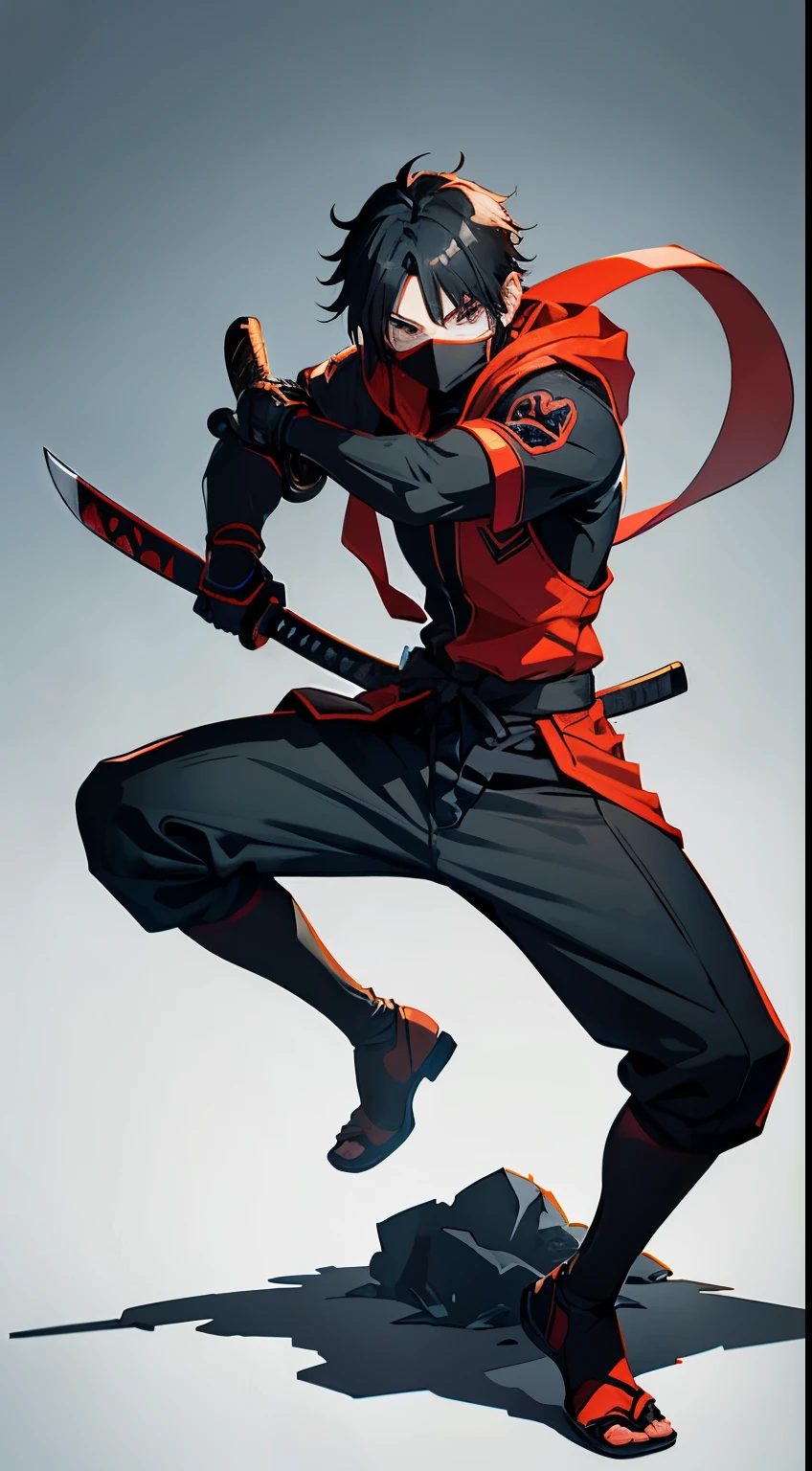 boy, Ninja Boy, katanas, Design Mask, exposure mask, Handsome, black hair, The power to wield many swords, in woods, Slash with a sword, Anime characters, evil soul, Hero Academia, Full body