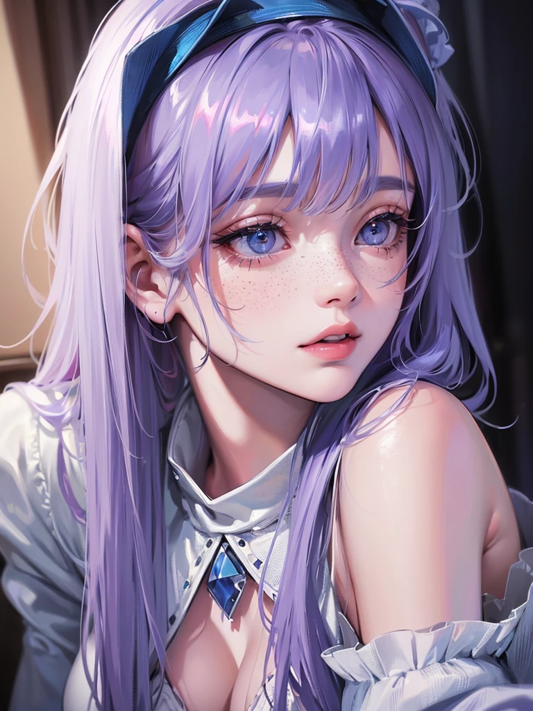 a 22 year old woman with gradient light blue and pink fluffy hair, soft lilac eyes, blue lipstick, messy bangs, freckles, gentle expression, white winter clothing, cotton headband, detailed face, beautiful detailed eyes, beautiful detailed lips, extremely detailed eyes and face, long eyelashes, (best quality,4k,8k,highres,masterpiece:1.2),ultra-detailed,(realistic,photorealistic,photo-realistic:1.37),digital art, vibrant colors, dramatic lighting, cinematic