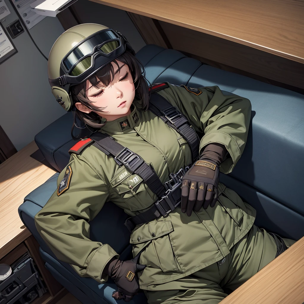 Top view、A female soldier wearing a helmet sleeping、 M-51 Military Uniform 、Goggles、Military Pants、Hands on crotch、Write details、masterpiece、best quality、Highly detailed CG、8K picture quality