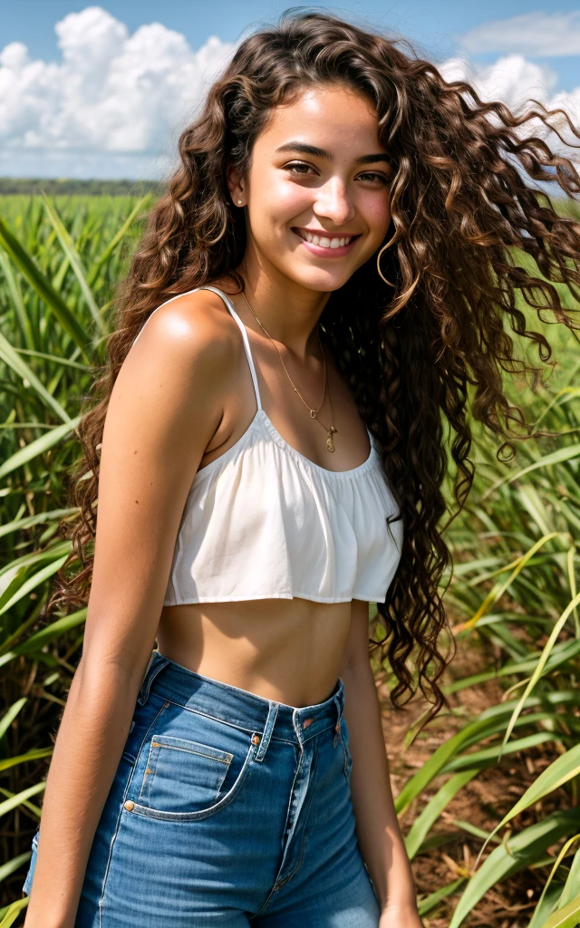 1 femme, 16 ans, cinematic, sugar cane field and sky background, long curly hair, sourire, nature, peau brune, yeux marrons, ultra-realistic, 