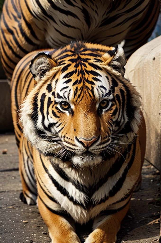 Make me a picture of a tiger protect a chicken and a dog