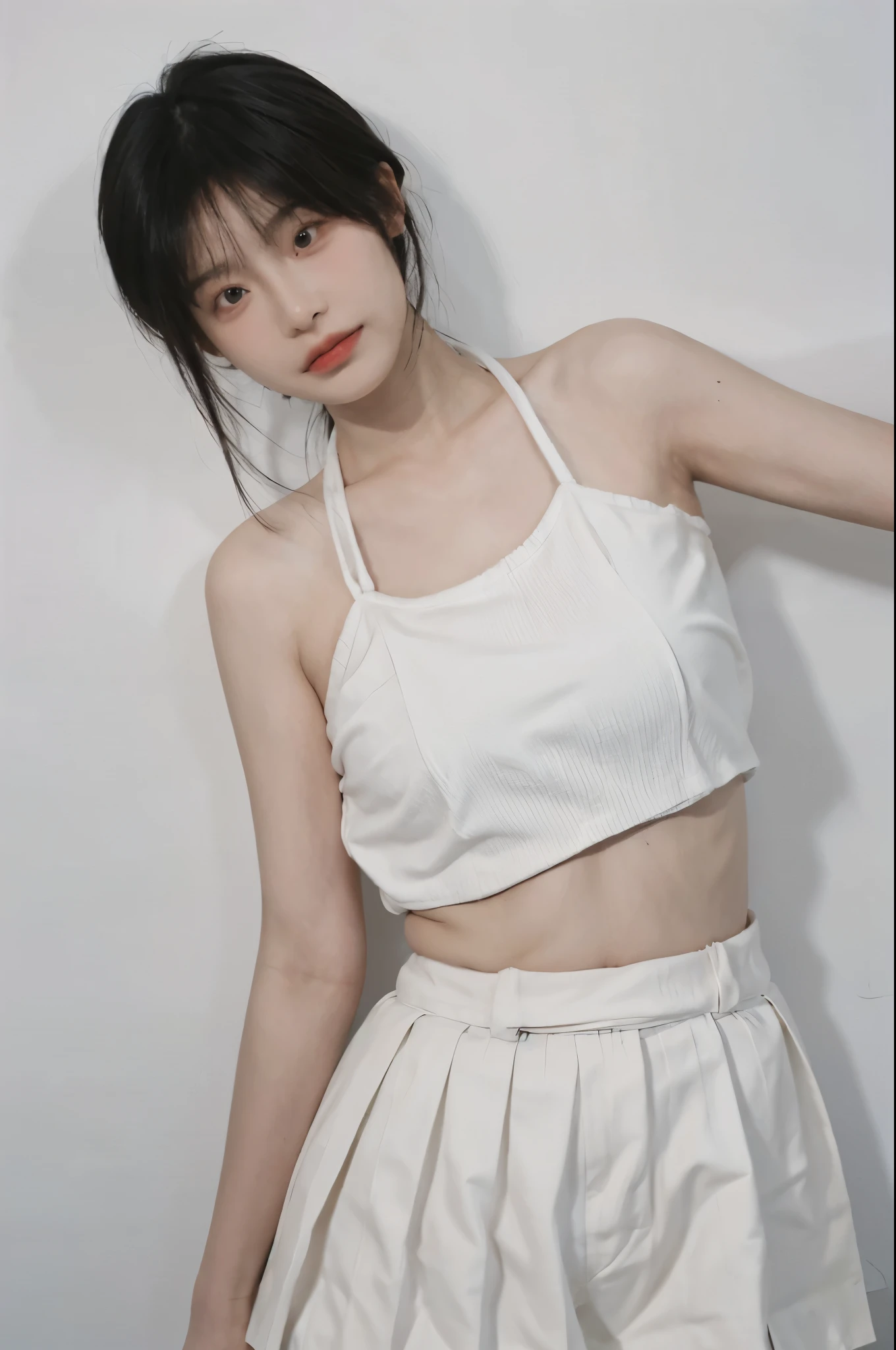 Beautiful woman with perfect figure:1.4,Ultra-high resolution,White background,(lifelike:1.4),Layered Hairstyle,White skin,Bikini:1.5,Super short pleated skirt,whole body,Very delicate face and skin texture,Double eyelids,Skin Whitening,short hair,White hair