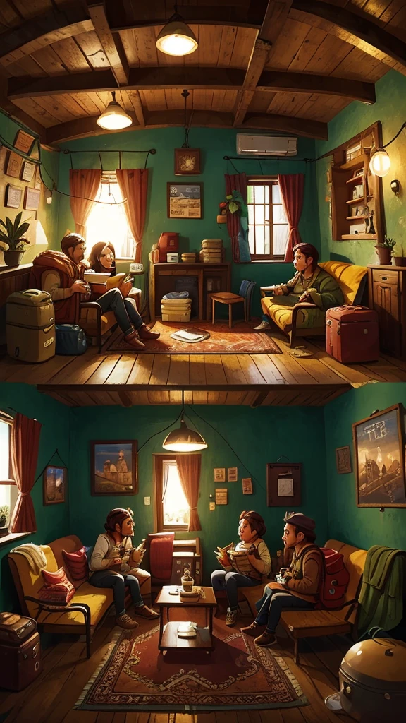 Three travelers meeting in a cozy hostel common room, with various luggage around and a warm atmosphere