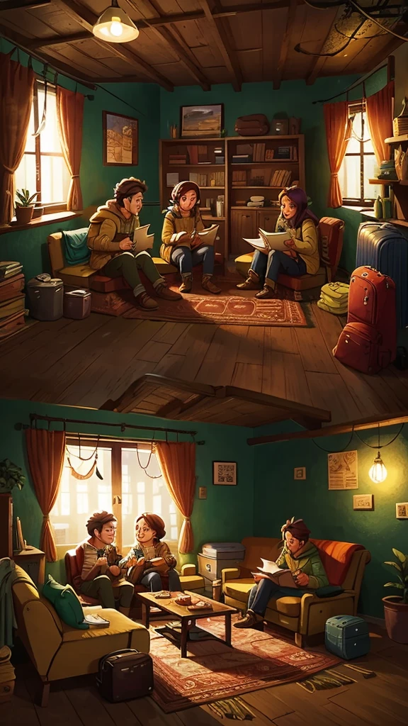 Three travelers meeting in a cozy hostel common room, with various luggage around and a warm atmosphere