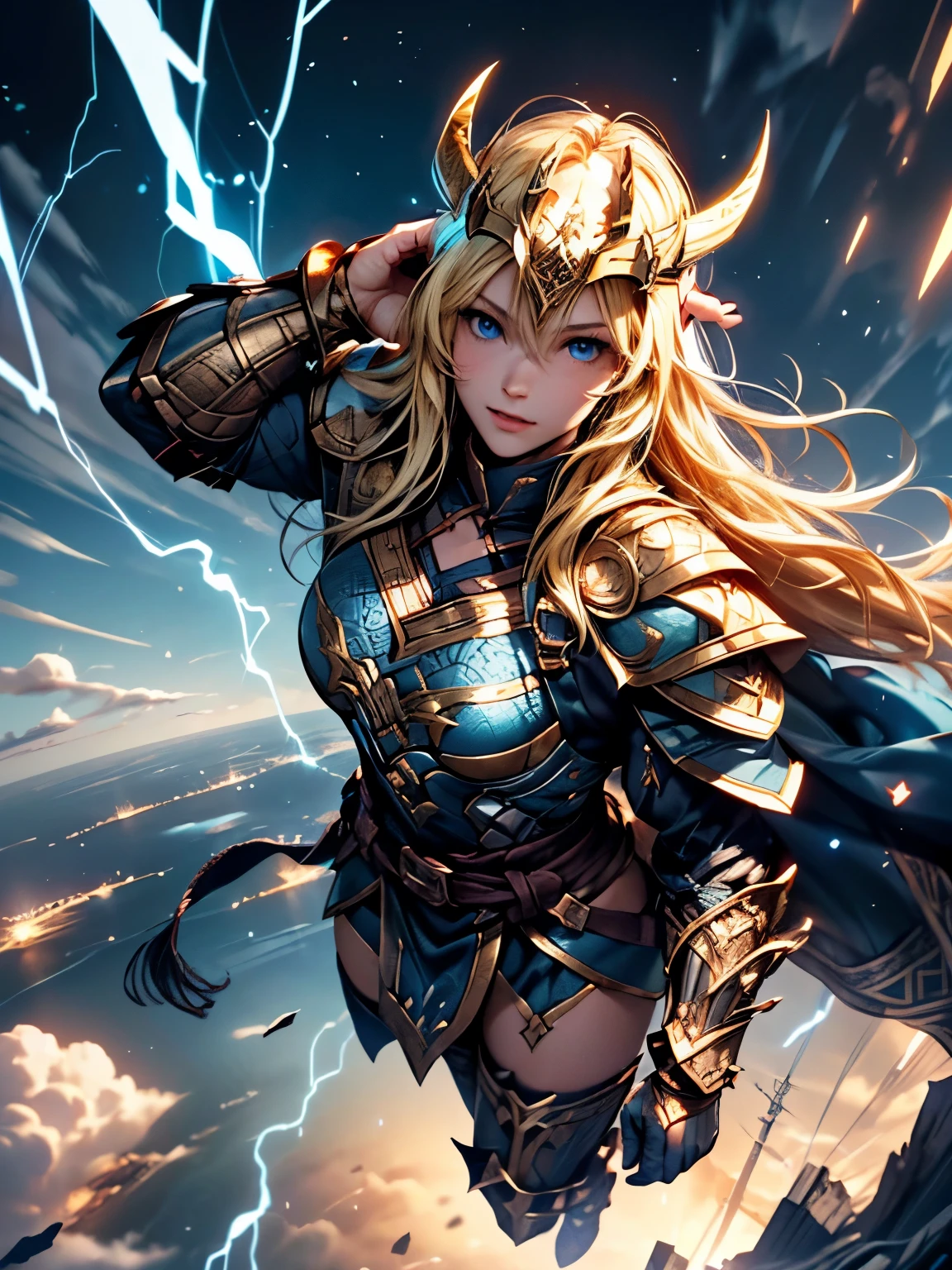 (best quality,4k,highres,volumetric lighting:1.2) low angle shot of a blonde Asgardian heroine flying over a city, arms out, legs straight, (full body shot, :1.3),flying,  pov from below. She wears dark blue armor, gold trim, (((Norse helmet ))), armored glove, deep v neck. stern expression. blond hair, long hair, blue eyes, (detailed eyes, detailed face), detailed hands, pretty face, round cheeks, soft face.,fierce expression. Sky behind. Her body covered in bright blue electricity, ((electricity arcs rebound everywhere)), electric shock