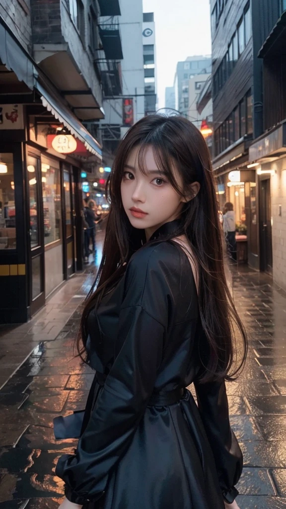 ujifilm XT3, 8k,close up photo, masterpiece, best quality, (((1girl))), solo,realistic, ((looking at viewer)), photorealistic, (extremely detailed face), looking at viewer, ((ultra-detailed eyes and pupils)), ultra detailed, serious expression, ((standing city street at night)), hoodie, (arms behind back),  <lora:umjilorashy:1>