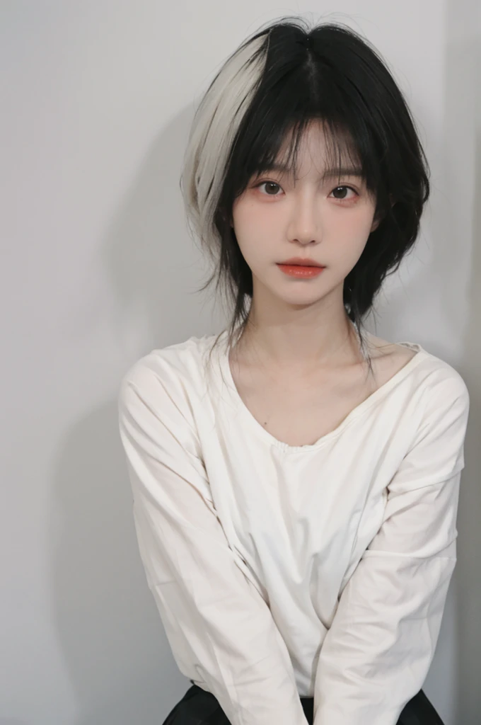 Beautiful woman with perfect figure:1.4，Ultra-high resolution，White background，（lifelike：1.4），Layered Hairstyle，White skin，Bikini:1.5，Super short pleated skirt，whole body，Very delicate face and skin texture，Double eyelids，Skin Whitening，short hair，White hair