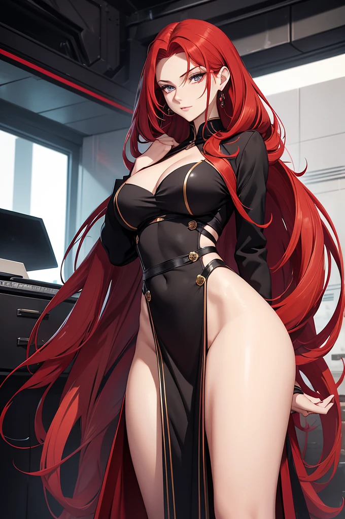This character is a woman with an imposing and captivating appearance. She has long, flamboyant red hair that falls elegantly over her shoulders and down her back. His eyes are an intense red, adding an aura of mystery and danger. She has a pale complexion and fine facial features, with lips often drawn into a slight, enigmatic smile. She wears a sophisticated outfit, probably a dark uniform or suit, which reinforces her professional and serious appearance. His posture is straight and confident, exuding unwavering confidence.