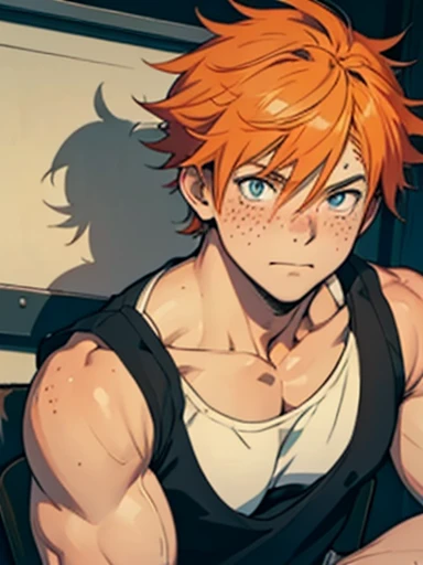 ((manga style)),Adolescent  With big Messy  orange hair , wearing tank top shirt , BLUE pupils  , freckles on face , freckles On the body ,Muscles  ,Pants 