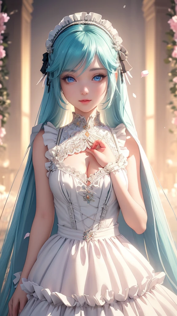 a girl wearing a maid dress, maid apron, jewelry, extremely detailed face and eyes, beautiful detailed lips, longeyelashes, beautiful detailed features, 1girl, hatsune miku, digital illustration, concept art, fantasy, highly detailed, intricate, photorealistic, 8k, cinematic lighting, warm lighting, dramatic lighting, striking colors, vibrant colors, elegant, refined, delicate, 1girl, dress, solo, flowing hair, floating hair, ornament hair, perfectly body, perfectly hands, on garden, petals, centered girl, black dress, more details on her clothes, dress with transparency, golden details, daylight, smiling, cape, ((4k, masterpiece, top-quality)),8k, best quality, high resolution, HD, (illustration:0.8), super cute girl, delicate and beautiful face, mature girl, super cute hairstyle, (beautiful detailed eyes:1.6), extremely detailed face, perfect lighting, extremely detailed CG, (perfect hands, perfect anatomy), Best quality, cleavage, small skirt, full Body,