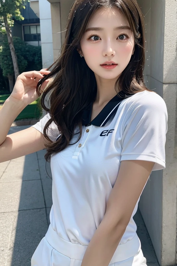 ８K、High definition、Ultra Detail、Photorealistic、Realistic and accurate depiction、Realistic and accurate human anatomy、High resolution、Highest quality、Beautiful Japanese woman in golf wear, Detailed body, Live Action、beautiful girl golfer、cute、clear、The ultimate beautiful girl、Perfect Body Shape、Beautiful breasts、、Perfect Skin、Charm、Active、Black Hair、Japanese female professional golfers、cuteゴルフウェア