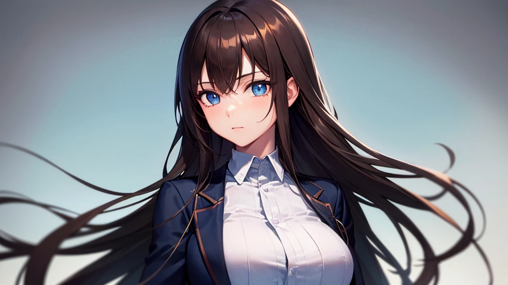 Highest quality, 8k, 4K, High resolution, High Contrast,  The upper body is visible,1girl,only,Dark brown hair,Straight Long Hair,(Beautifully detailed face),Blue, clear eyes,Upper Eye,She has big breasts,２０generation,business suit