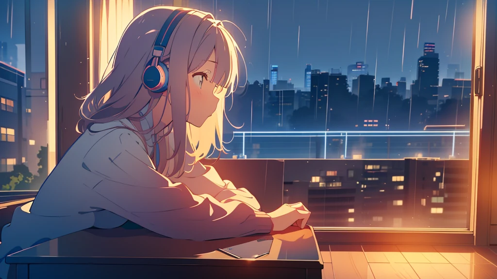 Girl listening to music in cozy room at night, Use headphones, 2D style anime, lo fi, Rain outside the window Analog Color Theme、ghibuli style、