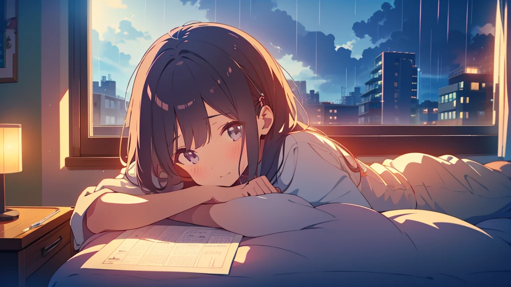 Girl listening to music in cozy room at night, Use headphones, 2D style anime, lo fi, Rain outside the window Analog Color Theme、ghibuli style、