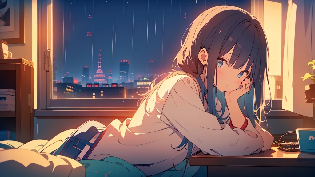 Girl listening to music in cozy room at night, Use headphones, 2D style anime, lo fi, Rain outside the window Analog Color Theme、ghibuli style、