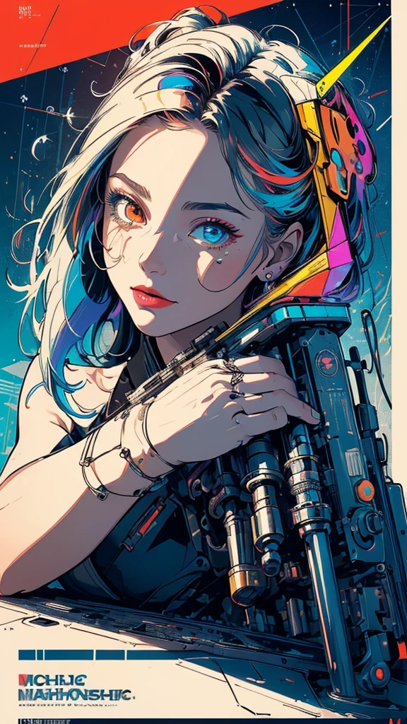 (((masterpiece, highest quality))),(((solo:1.2))),(((1girl:1.2))),32k wallpaper, very detailed, poster, vintage science fiction,(((((geometric cinematic movie poster))))), (bauhaus), shape,(((abstract))),(mid century modern),movie poster,(((((portfolio))))),(((((Close-up))))),(((((bust up))))),((((more various angle)))),(((highlight))),Vast landscape,((((heterochromia)))),(((complete. detailed face))),((((Extremely talented)))),(((((most complicated machine))))),(((genius mechanic))),((Overall colorfully)),neon sign