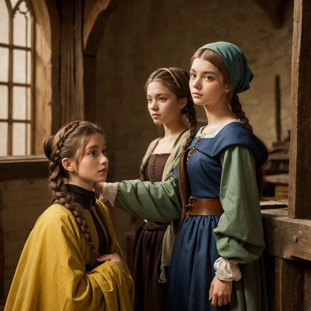 Medieval portrait, Medieval clothing and hairstyles, A touch reminiscent of Vermeer's paintings, One maid, Wear a white hood on your head, Hairstyle parted in the center, All of her back hair is hidden under her hood, Profile of a man working seriously, Natural light through the window, A slightly dimly lit room