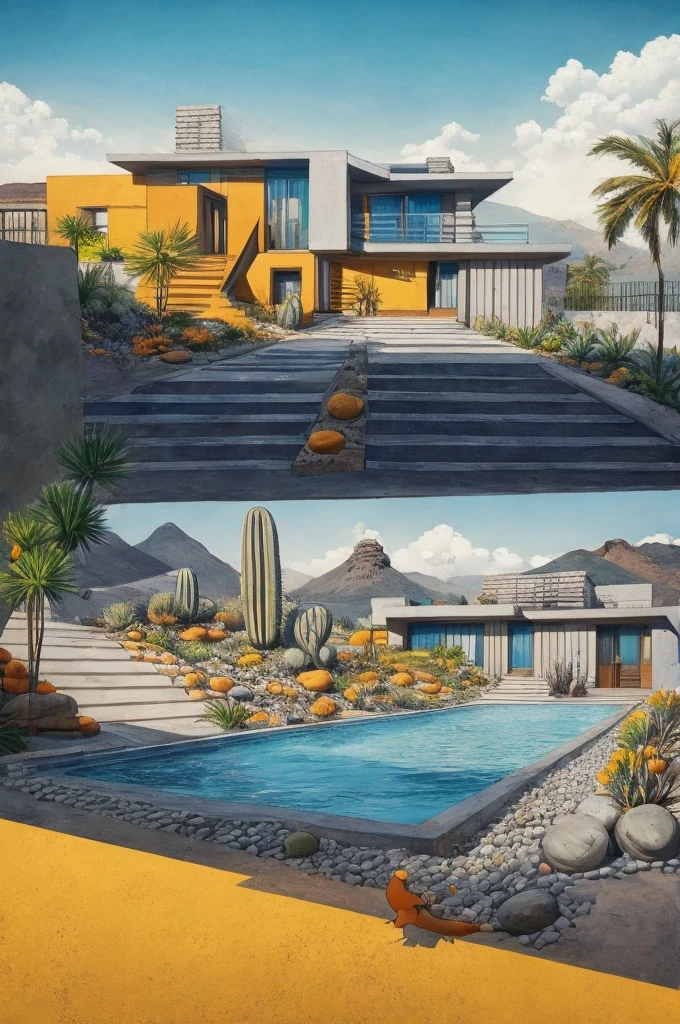 An illustration in collage style, with giant boulders, brutalist building sections, terraces, stairs, cacti, agave, concrete texture, multiple geometric shapes, hatch and cross hatching, planet saturn, volcano, moon, Luis Barragán's architectural style build, milky way galaxy, violet, one motorcycle, An illustration in collage style, with giant boulders, brutalist building sections, stairs, cacti, agave, concrete texture, multiple geometric shapes, hatch and cross hatching, planet saturn, volcano, moon, Luis Barragán's architectural style build, reflective pool, terraces. An elegant and modern build, in top of big boulders, with terraces, materials concrete, wood, steel and crystal, various gardens with tropical vegetation, cacti and rocks, stairs, a pool. In middle of sea, a big wave near, sunset, mountains and a volcano in the horizont, cute islands around, illustration format, cute color palette, detailed, masterpiece, award-winning work, clouds, Illustration, a garden with abundant cacti, ((various organic sculptures)), ((big rocks)), (((multiple sections))), collage style, detailed, (((color palette (olive green), (Mustard orange), cool grey, ((blue)), black and white))), (((a lot Luis barragán's architecture style builds))) big clouds, volcano in horizon, stairs, in the desert. ((masterpiece, best quality)),illustration,ultra detailed 8k, ((Ori Toor visual style)),soviet, megabuildings, megastructures, buildings, organic steel sculpture