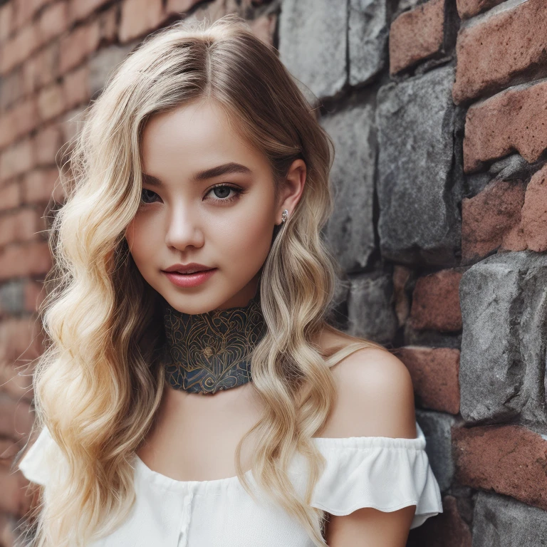 ultra realistic 8k cg, masterpiece, ((ultra detailed background, delicate pattern, intricate detail)), best quality, intricate details, chromatic aberration, 1girl, long hair, golden hair, messy hair, red highlights, hair over one eye, sharp eyes, choker, brick wall, graffiti, dim lighting, alley, oversized shirt,off shoulder, see through white shirt, Masterpiece, best quality