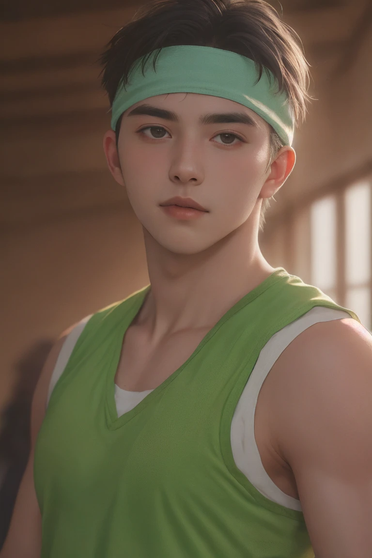 Handsome man portrait, Shoot with Leica, shadow play, Gorgeous lighting, Subtle pastel tones, indoor，Wear a sports vest，Wear a sweatband，Looking at the audience，deep feeling