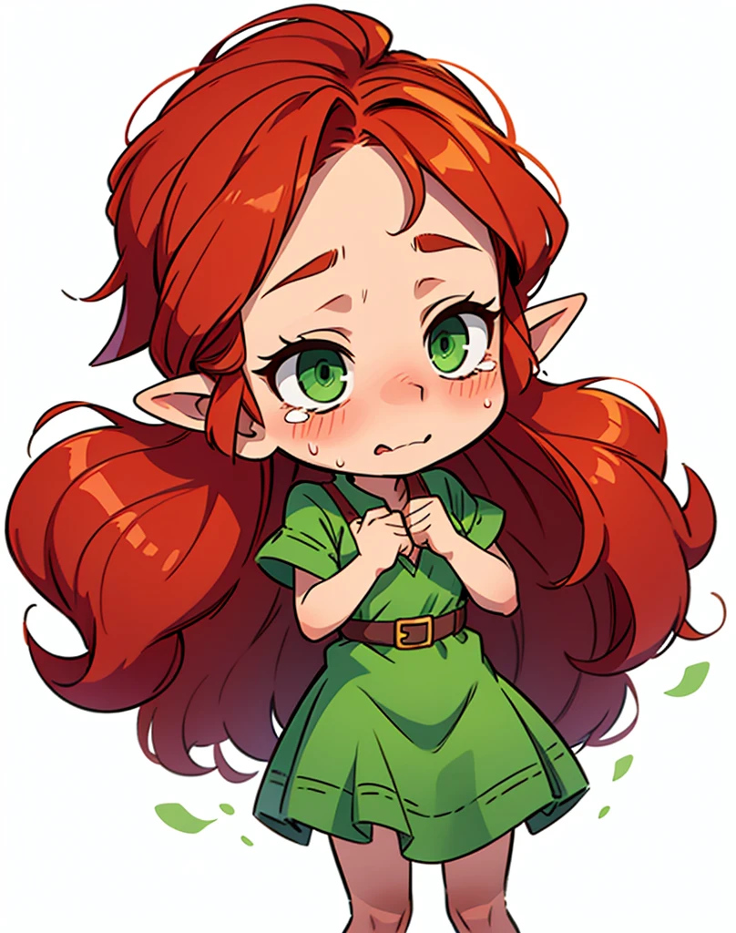 a elf female, long auburn red hair, green eyes, slightly blushing cheeks, wearing a green dress, crying