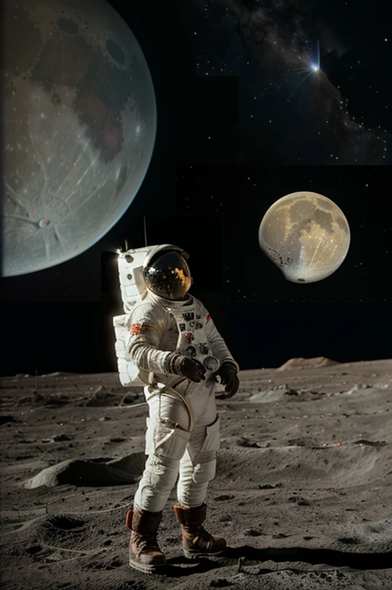Gentile Adobe Firefly, would you have the opportunity to help me create a «photomontage of an astronaut exploring the lunar surface with the Earth in the background», per un progetto fotografico a tema spaziale? My idea is to create an image that is realistic and also emotional, that captures the beauty and immensity of space. I&#39;m working on a photography project celebrating space exploration and would like to create an image that captures the vastness and beauty of the universe. I already found some pictures of +astronauti e della +Luna che potrebbero essere utili per il fotomontaggio. Sono rimasto affascinato da alcune foto di astronauti che camminano sulla Luna e mi piacerebbe ricreare quell'atmosfera di scoperta e meraviglia nel mio fotomontaggio. I imagine &quot;the astronaut staring at the Earth in the distance&quot;, with a sense of awe at the vastness of space. Sarei davvero grato se l'immagine potesse essere in alta risoluzione, con un formato 16:9, ideale per la pubblicazione online e la stampa.  Apprezzo molto la tua collaborazione e il tuo talento nel creare immagini. I am confident that your experience and skills will be invaluable in making this photo montage.
