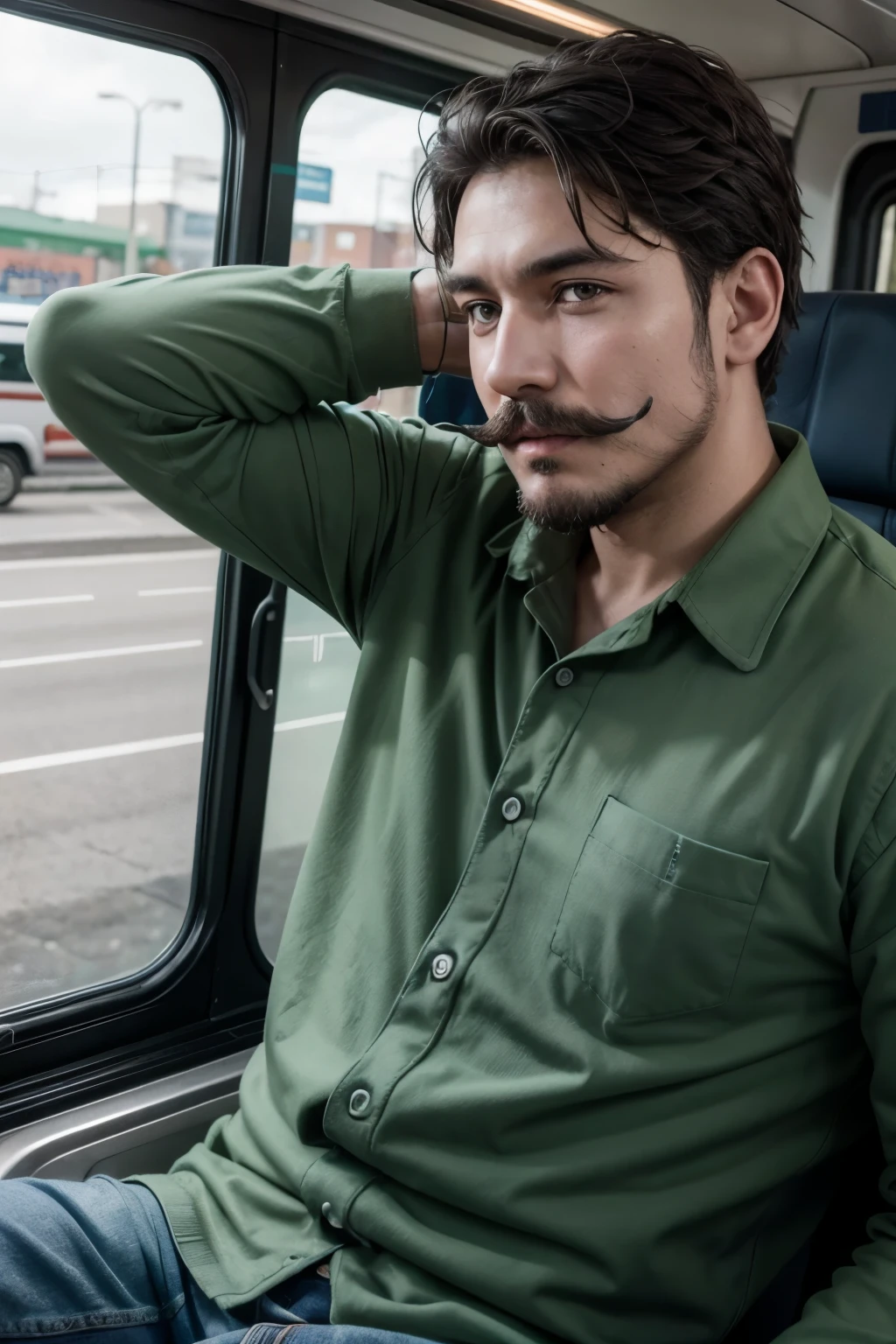 Crea una imagen de un autobus de pasajeros color verde que el camion tenga un bigote y una corbata azul y este en una ciudad ademas que diga la frase FELIZ DIA DEL PADRE