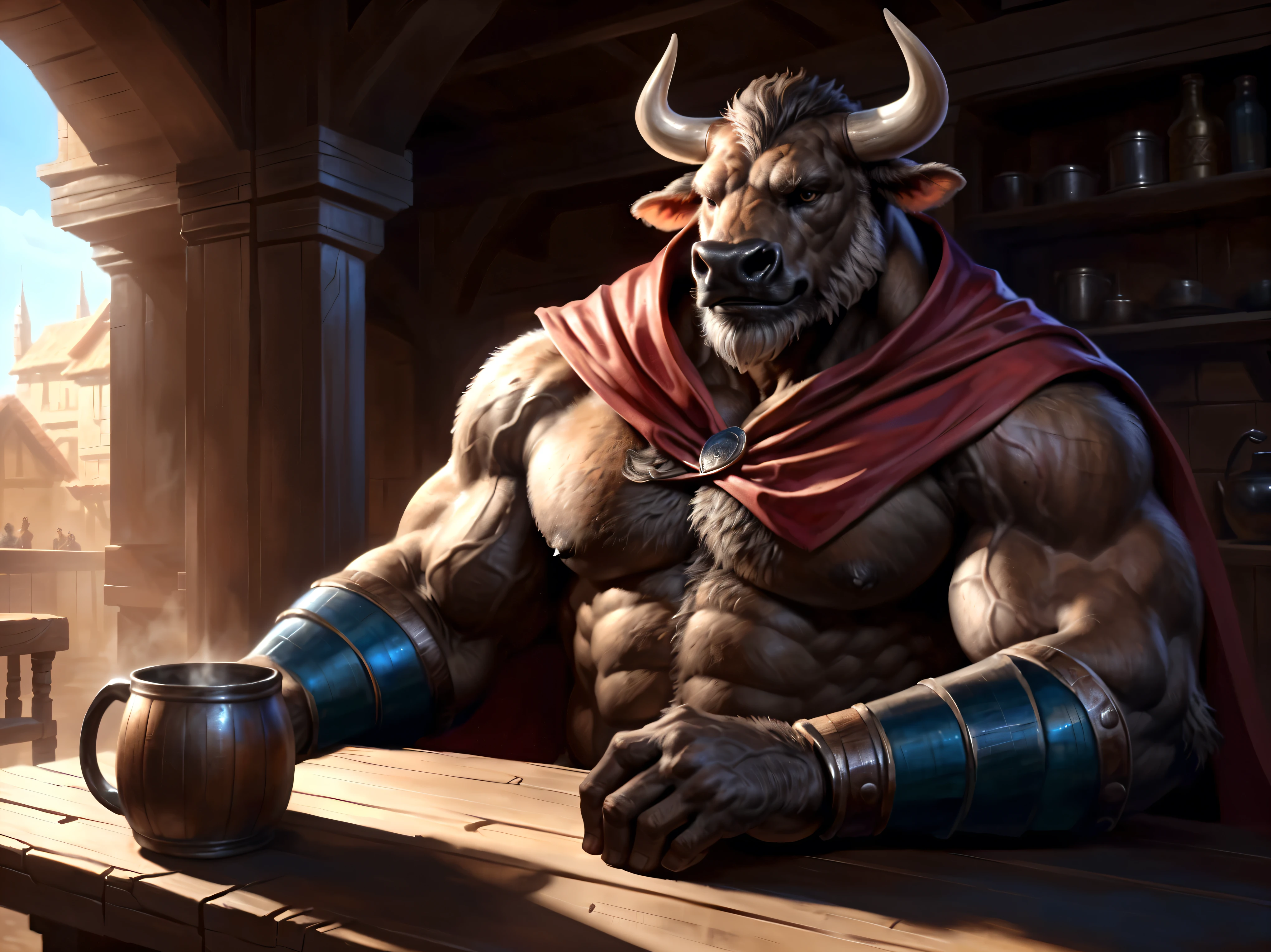 Sharp focus, masterpiece, 8k, intricate artwork, hyper detailed, high detail, best quality, perfect colors, perfect shadows, perfect lighting, posted on e621, furry body, portrait shot, front view, posted on e621, furry body, solo, anthro bull, (massive strongman, beefy bodybuilder, veiny biceps, abs, buff, manly, brutal, masculine:1.3), (short full grey beard:1.6), (monotone brown fur, nails on hands:1.3), (curved big bovine horns), middle-aged, mature, male, correct anatomy, (photorealistic fur, detailed fur, epic, masterpiece:1.2), (by Taran Fiddler, by Rukis, Bonifasko lighting), detailed bull eyes, detailed Medieval tavern, (correct hands), warrior, (sitting by the table, a wooden mug:1.3), (medieval armor with a red cape, metal bracers:1.4)