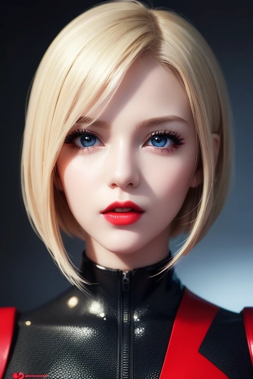 Portrait ((front face)) of anime beauty blonde girl (short Bob realistic hair), perfect face, realistic skin ((((high detailed skin)))), red lips, in realistic black & white combat body plugsuit, ((beauty realistic anime eyes )), 4K, Full UHD