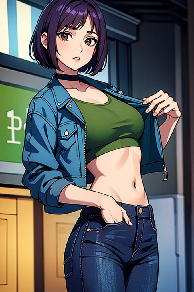 Young woman, short violet hair, brown eyes, green crop-top, blue jacket, black jeans,