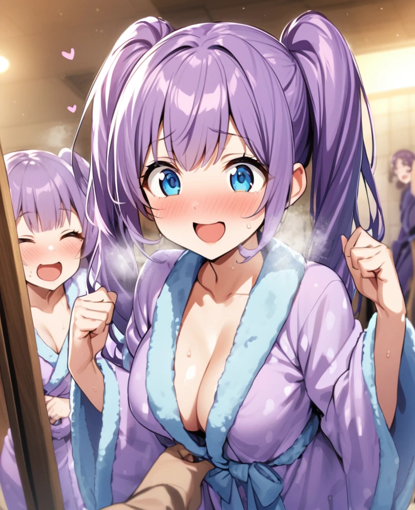 twins、Two people、Two Girls、Purple Hair、Twin tails、Heart Eyes、Heart Eye、smile、Bathrobes、Cleavage、excited、Heavy breathing