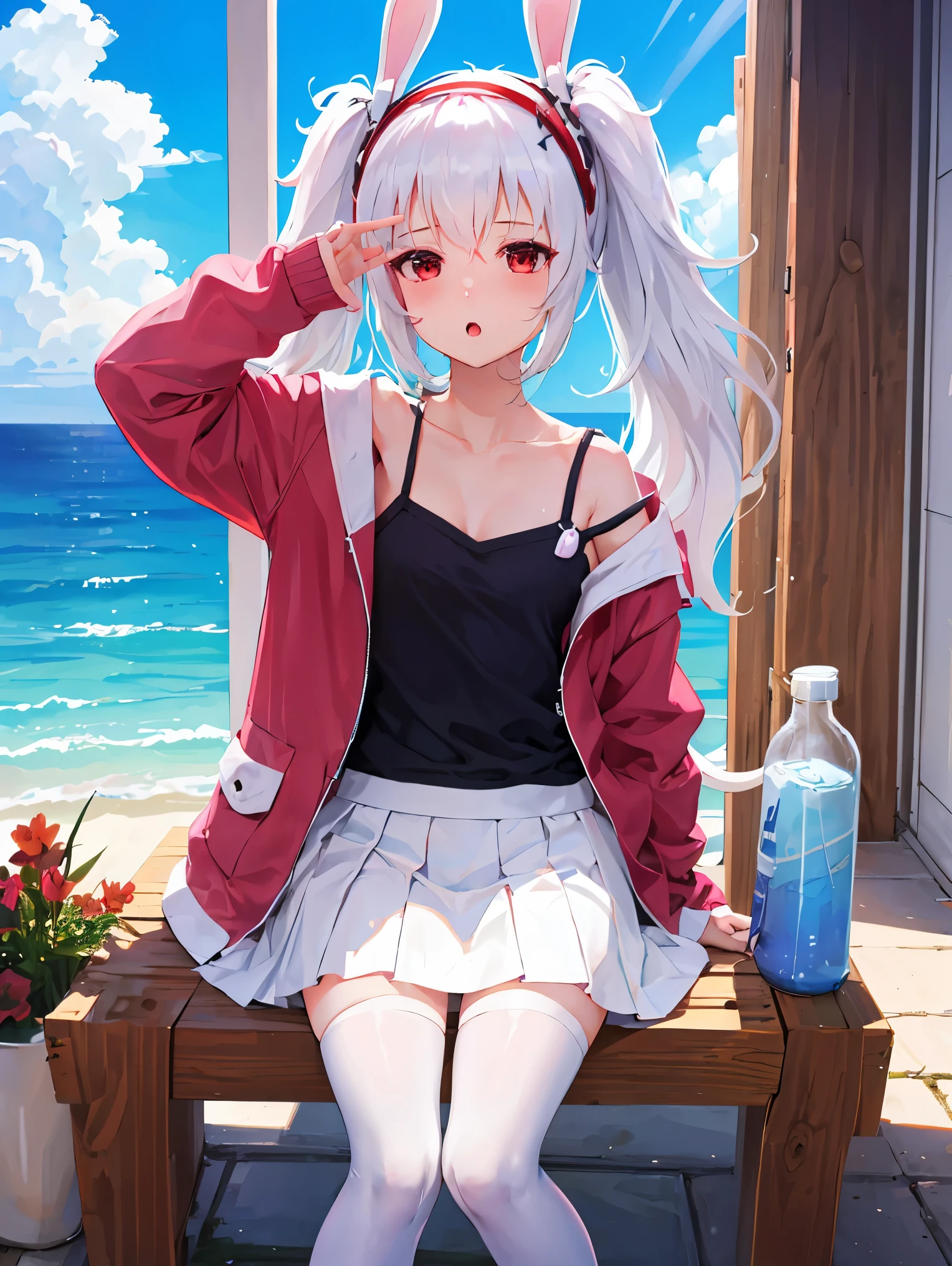 1girl, solo, long hair, looking at viewer, skirt, hair ornament, red eyes, thighhighs, long sleeves, animal ears, twintails, collarbone, jacket, white hair, pleated skirt, hairband, outdoors, open clothes, sky, day, cloud, rabbit ears, white thighhighs, blue sky, zettai ryouiki, fake animal ears, red skirt, ocean, strap slip, camisole, red hairband, pink jacket, torpedo, white camisole, laffey \(azur lane\)