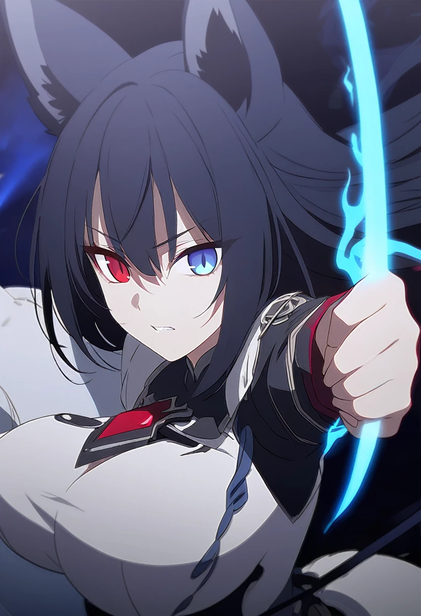 a beautiful blue and black kitsune, big breasts, long blue and black hair, slim waist, detailed portrait, intricate details, chiaroscuro lighting, dramatic lighting, mystical, elegant, sensual, long white tail, heterochromia (one blue eye, one red eye), holding a bow, blue fire coming from one eye, attacking pose, Alpha crimson wave, ((punoshing gray raven))