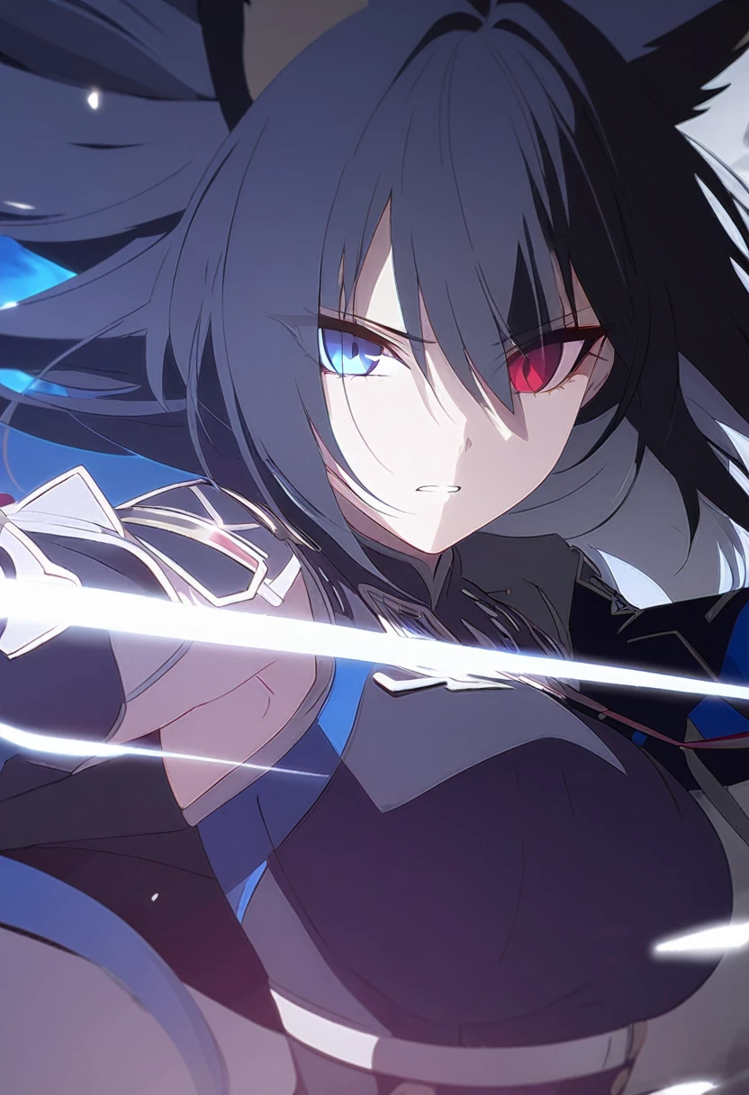 a beautiful blue and black kitsune, big breasts, long blue and black hair, slim waist, detailed portrait, intricate details, chiaroscuro lighting, dramatic lighting, mystical, elegant, sensual, long white tail, heterochromia (one blue eye, one red eye), holding a bow, blue fire coming from one eye, attacking pose, Alpha crimson wave, ((punoshing gray raven))