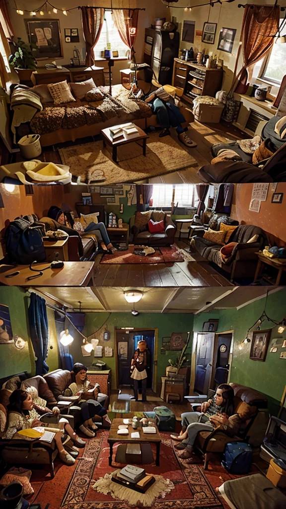 Three travelers meeting in a cozy hostel common room, with various luggage around and a warm atmosphere