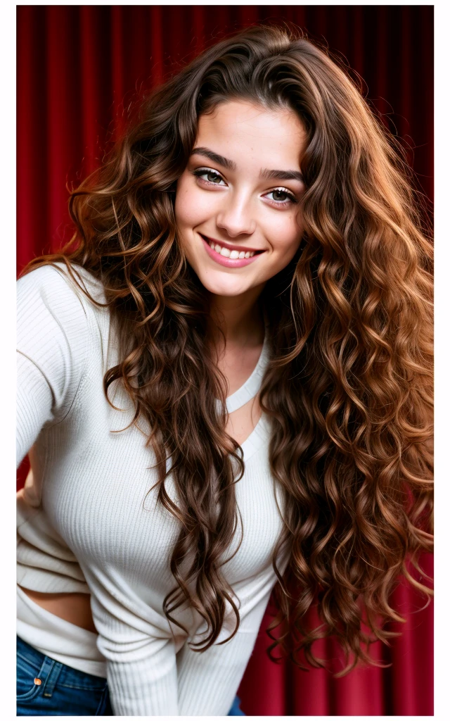 1 femme,  ans, cinematic, studio de musique, long curly hair, sourire, peau brune, yeux marrons, ultra-realistic, full body, de face 