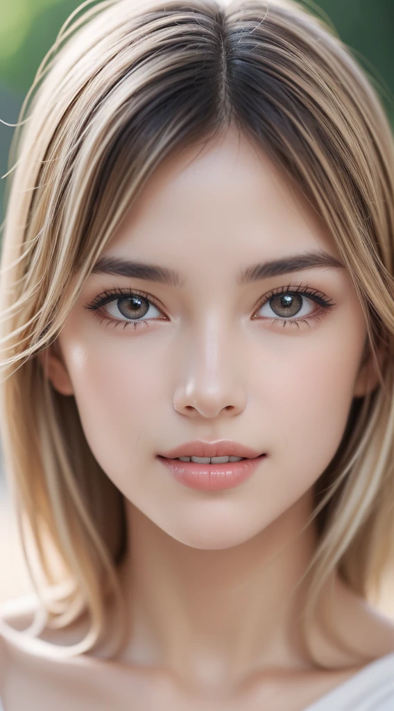1 female, (Ultra Practical, high resolution), (Very detailed eyes, Highly detailed hair, Highly detailed face, Plump lips with rich details), (off shoulder with open breast), breast, Upper Body, Find a smile, Silver-blonde hair, (best quality:1.4), RAW photos, (Practical, photo-Practical:1.37), Professional photography, light, (Delicate face: 1.2),