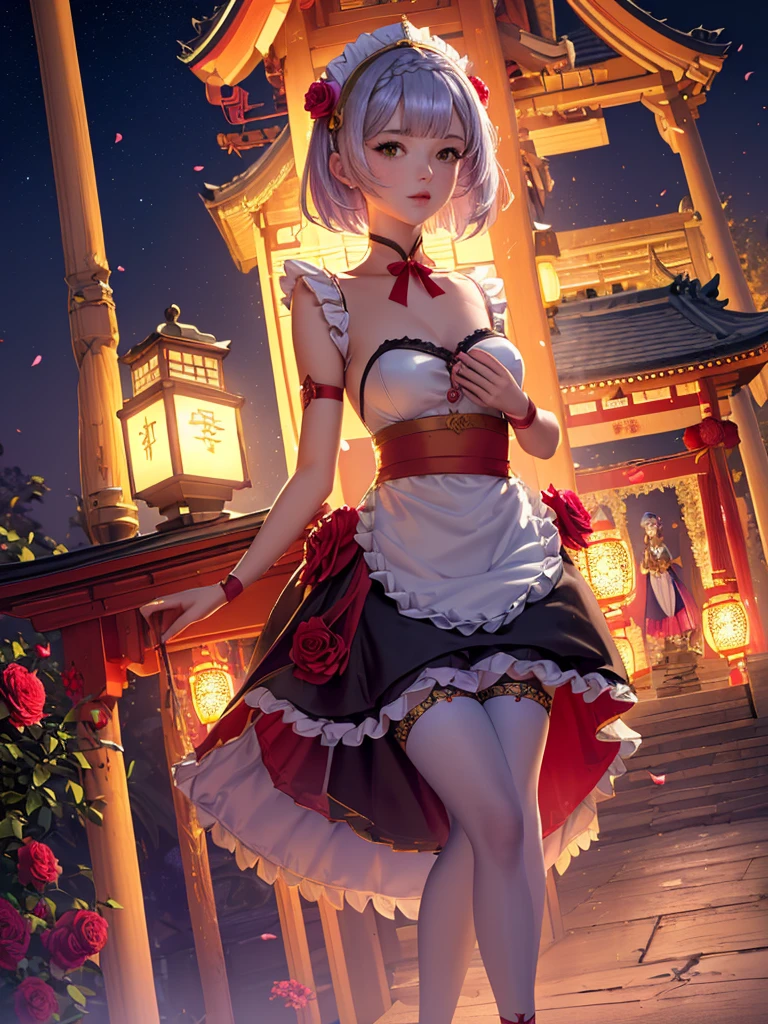 (masterpiece, best quality, ultra-detailed, best shadow), (detailed background,lantern, temple, shrine), (beautiful detailed face), high contrast, (best illumination, an extremely delicate and beautiful), ((cinematic light)), colorful, hyper detail, dramatic light, intricate details, (a picture of an anime girl with flowers on it, wearing a dress, noelle (genshin impact), yellow eyes, 1girl, looking at viewer, medium breasts, chinese style, hair ornament, hair flower, short hair, solo, mais dress, maid headdress, roses on focus, seat, lanterns, lanterns rite, shrine, temple, sanctuary, braided bangs, silver hair, night, noelle_\(genshin_impact), short_hair medium_breasts rose red_flowerhair_flower,Noelle (Genshin Impact), silver hair, green eyes, short hair, maid outfit, apron, headband, thigh band pantyhose, heels, roses