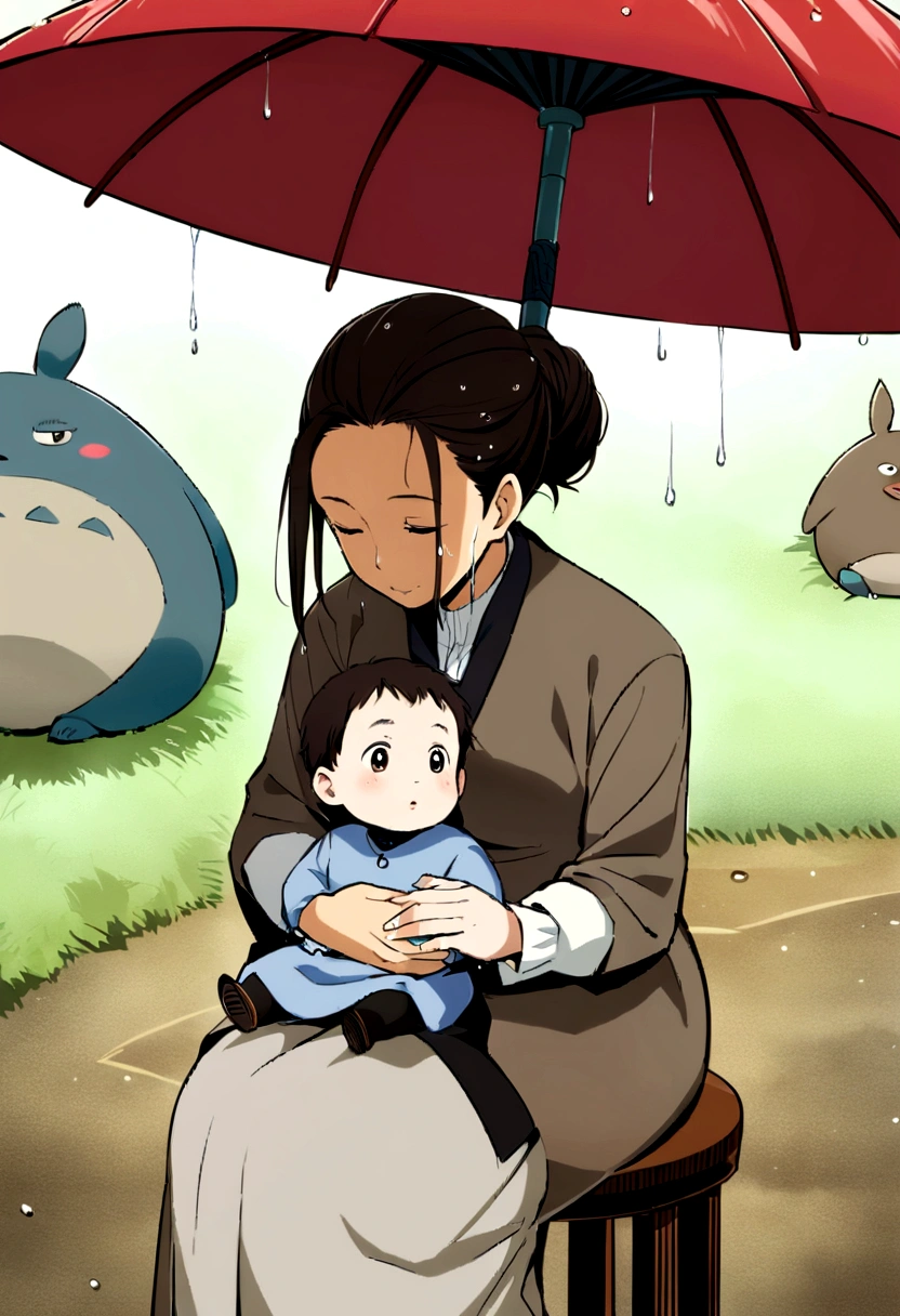 Ghibli Studio Dash Design, Tonari no Totoro scene, Wet day, A well-dressed Asian woman holds her hair up with a red umbrella、Sitting facing each other on a stool with a on their lap。, Detailed face